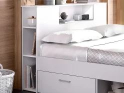 Lit avec tête de lit rangements et tiroirs - 160 x 200 cm - Coloris : Blanc + Sommier - LEANDRE