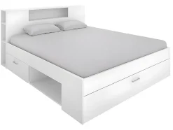 Lit avec tête de lit rangements et tiroirs - 160 x 200 cm - Coloris : Blanc + Sommier - LEANDRE