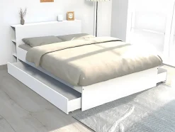 Lit avec tête de lit rangements et tiroirs 140 x 190 cm - Blanc - EUGENE