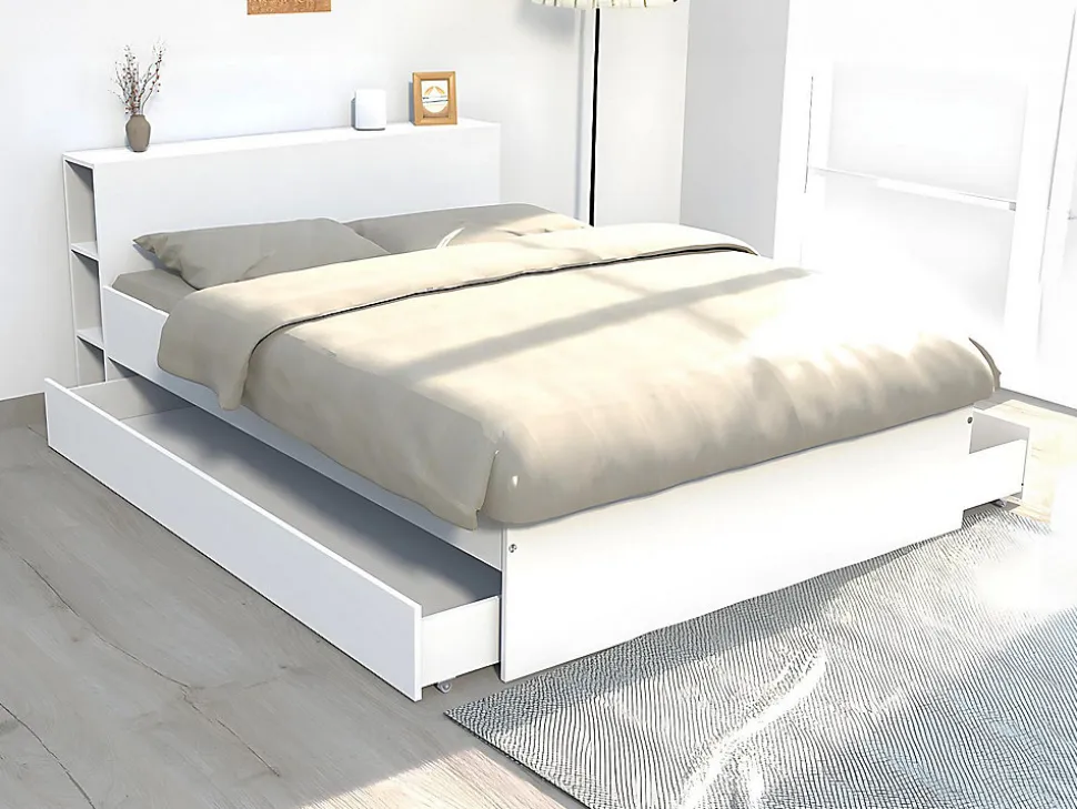 Lit avec tête de lit rangements et tiroirs 140 x 190 cm - Blanc - EUGENE