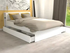 Lit avec tête de lit rangements et tiroirs 140 x 190 cm - Blanc - EUGENE