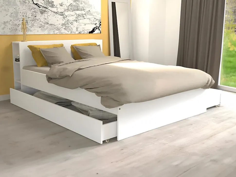Lit avec tête de lit rangements et tiroirs 140 x 190 cm - Blanc - EUGENE