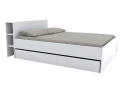 Lit avec tête de lit rangements et tiroirs 140 x 190 cm - Blanc - EUGENE