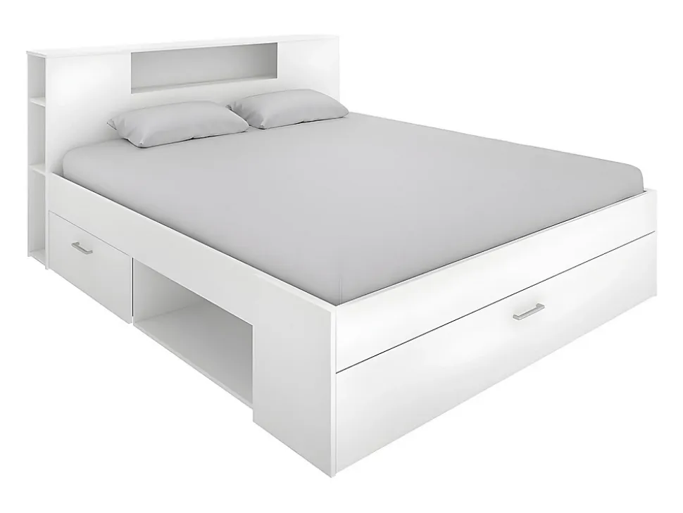 Lit avec tête de lit rangements et tiroirs - 160 x 200cm - Coloris : Blanc - LEANDRE