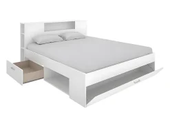 Lit avec tête de lit rangements et tiroirs - 160 x 200cm - Coloris : Blanc - LEANDRE