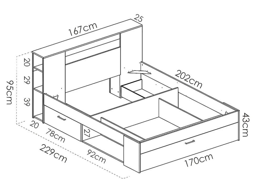 Lit avec tête de lit rangements et tiroirs - 160 x 200cm - Coloris : Blanc - LEANDRE