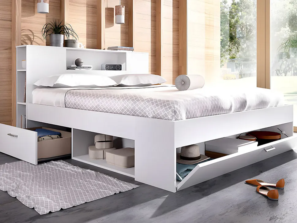 Lit avec tête de lit rangements et tiroirs - 160 x 200cm - Coloris : Blanc - LEANDRE