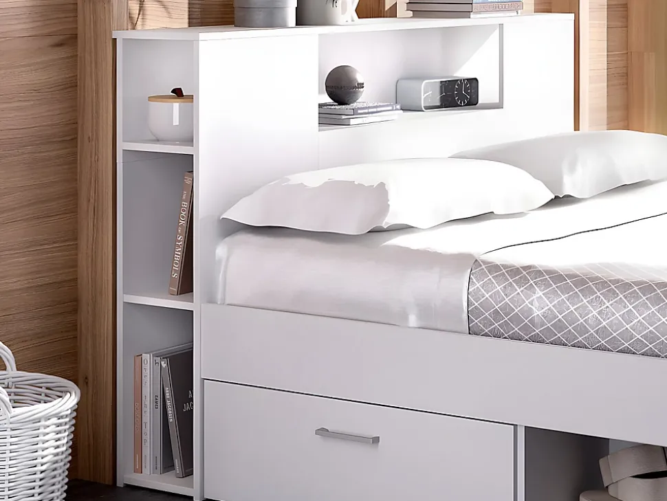 Lit avec tête de lit rangements et tiroirs - 160 x 200cm - Coloris : Blanc - LEANDRE
