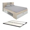 Lit avec tête de lit rangements et tiroirs - 160 x 200 cm - Coloris : Naturel et blanc + Sommier - LEANDRE
