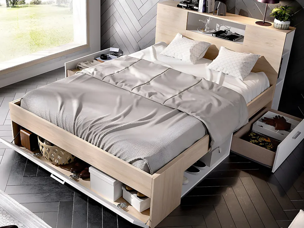 Lit avec tête de lit rangements et tiroirs - 160 x 200 cm - Coloris : Naturel et blanc + Sommier - LEANDRE