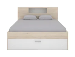 Lit avec tête de lit rangements et tiroirs - 160 x 200 cm - Coloris : Naturel et blanc + Sommier - LEANDRE