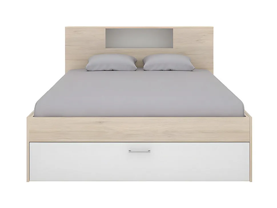 Lit avec tête de lit rangements et tiroirs - 160 x 200 cm - Coloris : Naturel et blanc + Sommier - LEANDRE
