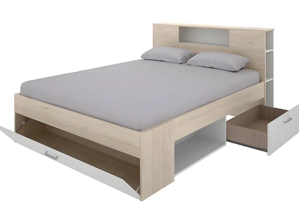 Lit avec tête de lit rangements et tiroirs - 160 x 200 cm - Coloris : Naturel et blanc + Sommier - LEANDRE