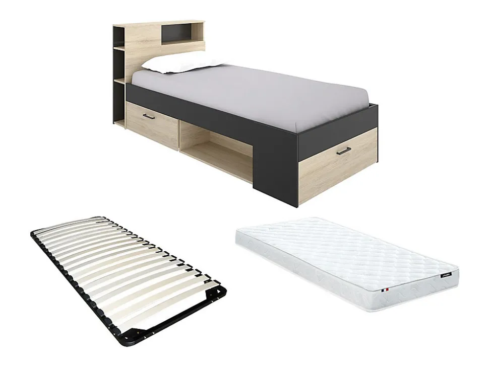 Lit avec tête de lit rangements et tiroir - 90 x 190 cm - Anthracite et naturel + matelas + sommier - LEANDRE