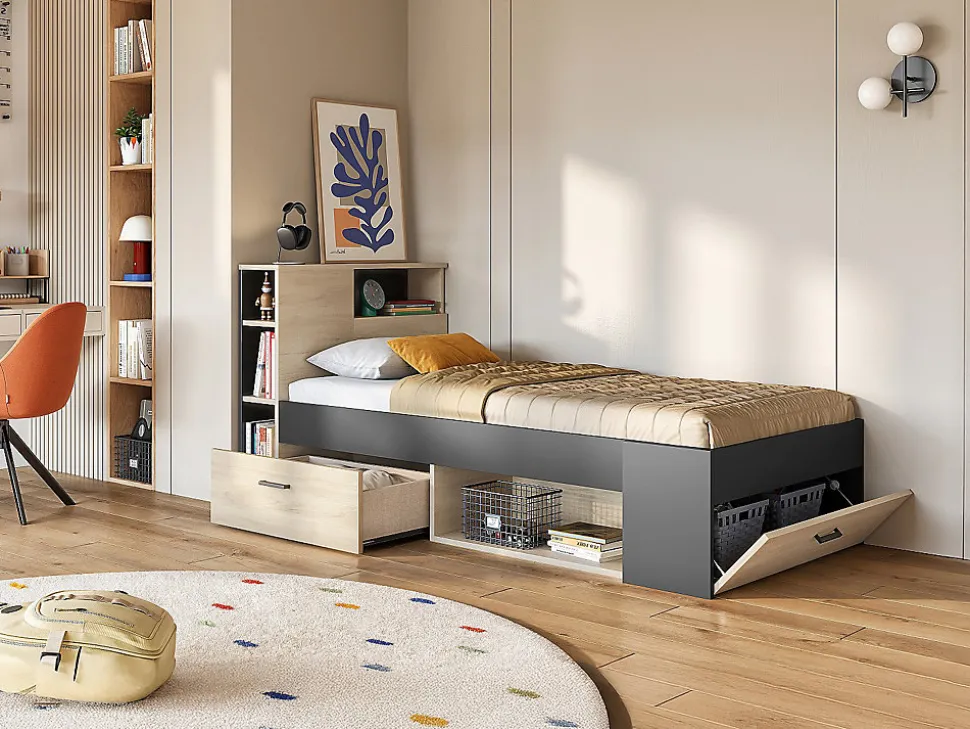 Lit avec tête de lit rangements et tiroir - 90 x 190 cm - Anthracite et naturel + matelas + sommier - LEANDRE