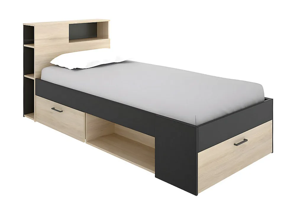Lit avec tête de lit rangements et tiroir - 90 x 190 cm - Anthracite et naturel + matelas + sommier - LEANDRE