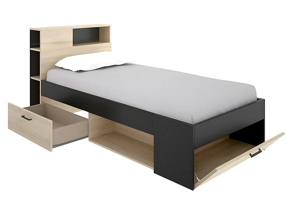 Lit avec tête de lit rangements et tiroir - 90 x 190 cm - Anthracite et naturel + matelas + sommier - LEANDRE