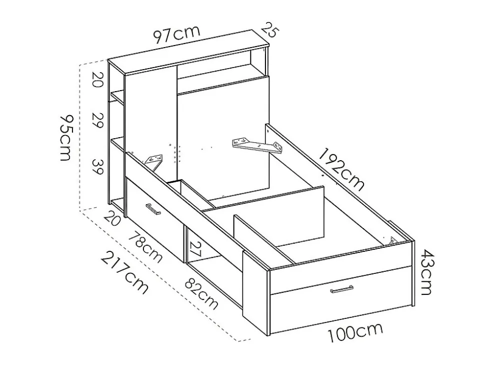 Lit avec tête de lit rangements et tiroir - 90 x 190 cm - Anthracite et naturel + matelas + sommier - LEANDRE