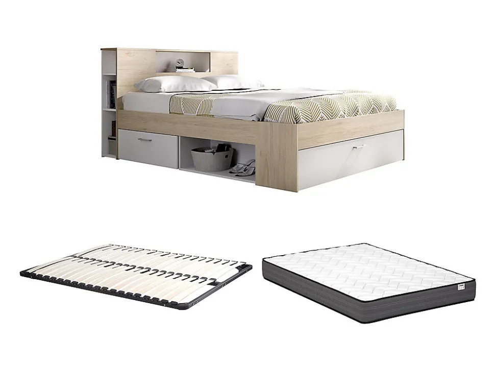 Lit avec tête de lit rangements et tiroirs - 140 x 190 cm - Coloris : Naturel et blanc + Sommier + Matelas - LEANDRE