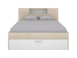 Lit avec tête de lit rangements et tiroirs - 140 x 190 cm - Coloris : Naturel et blanc + Sommier + Matelas - LEANDRE