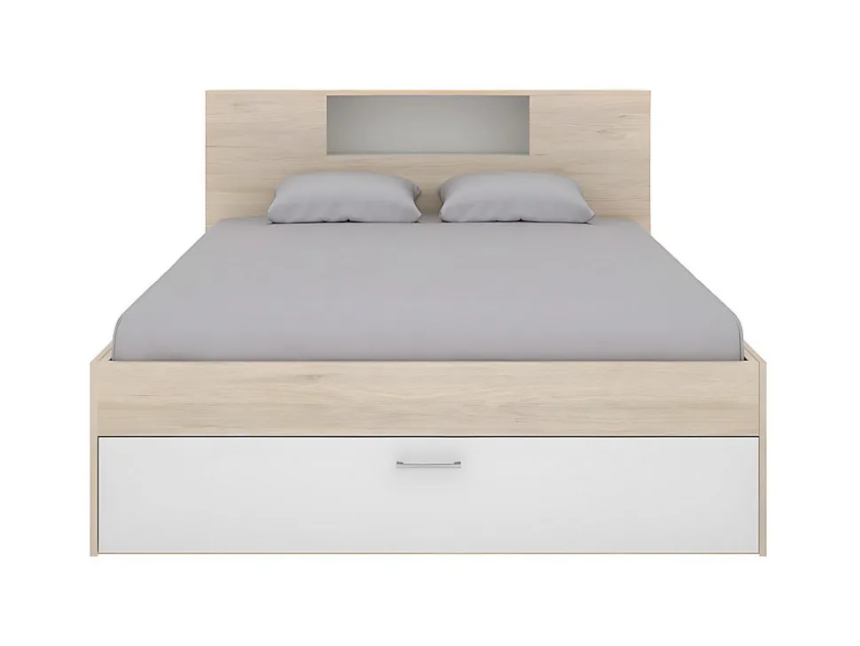 Lit avec tête de lit rangements et tiroirs - 140 x 190 cm - Coloris : Naturel et blanc + Sommier + Matelas - LEANDRE