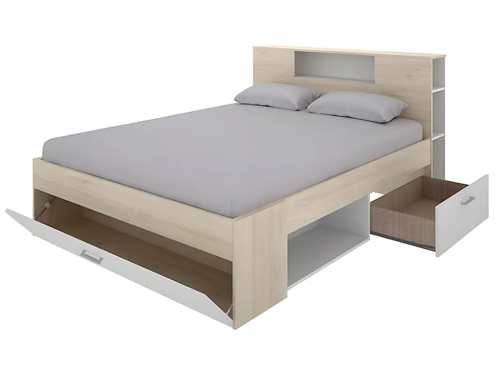 Lit avec tête de lit rangements et tiroirs - 140 x 190 cm - Coloris : Naturel et blanc + Sommier + Matelas - LEANDRE