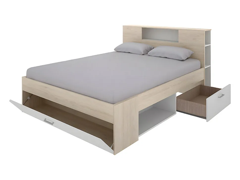 Lit avec tête de lit rangements et tiroirs - 140 x 190 cm - Coloris : Naturel et blanc - LEANDRE
