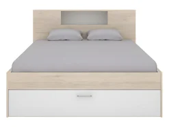 Lit avec tête de lit rangements et tiroirs - 140 x 190 cm - Coloris : Naturel et blanc - LEANDRE