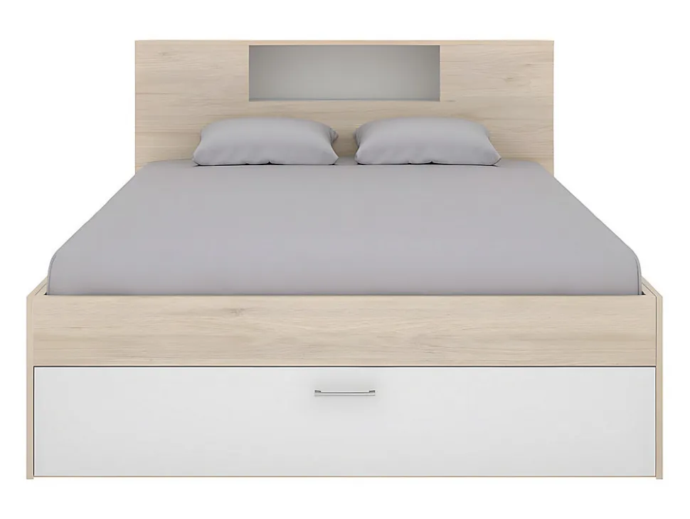 Lit avec tête de lit rangements et tiroirs - 140 x 190 cm - Coloris : Naturel et blanc - LEANDRE