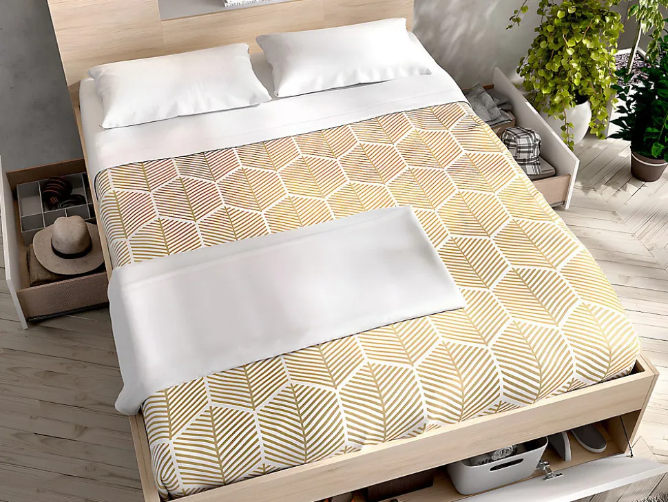 Lit avec tête de lit rangements et tiroirs - 140 x 190 cm - Coloris : Naturel et blanc - LEANDRE