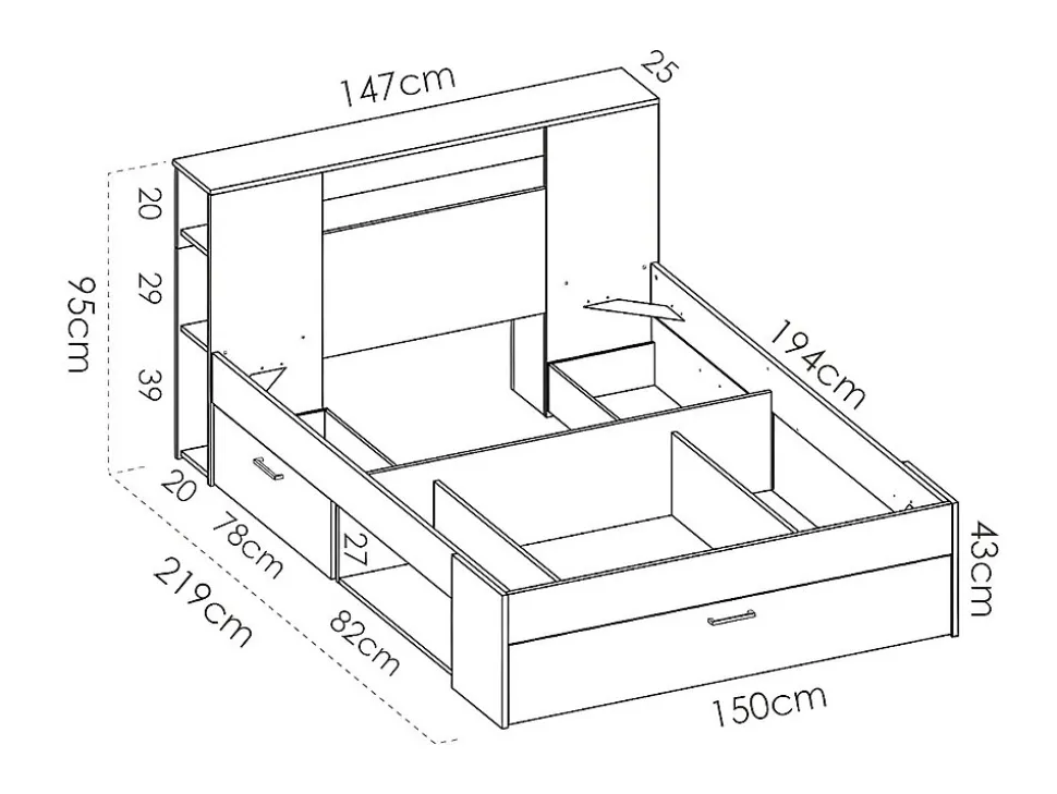 Lit avec tête de lit rangements et tiroirs - 140 x 190 cm - Coloris : Naturel et blanc - LEANDRE