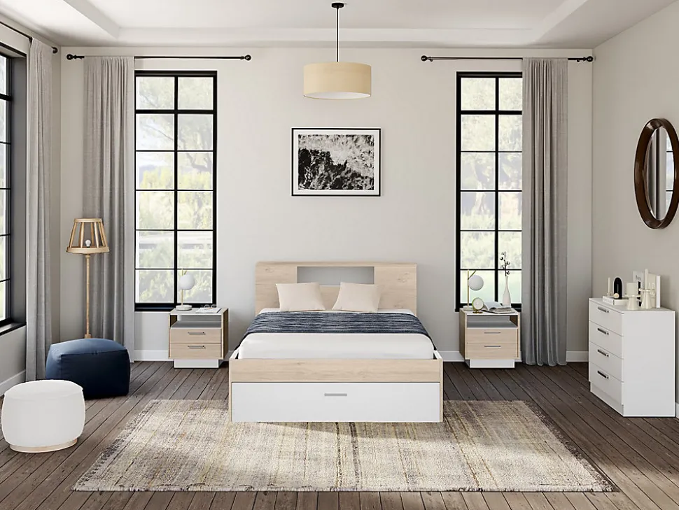 Lit avec tête de lit rangements et tiroirs - 140 x 190 cm - Coloris : Naturel et blanc - LEANDRE