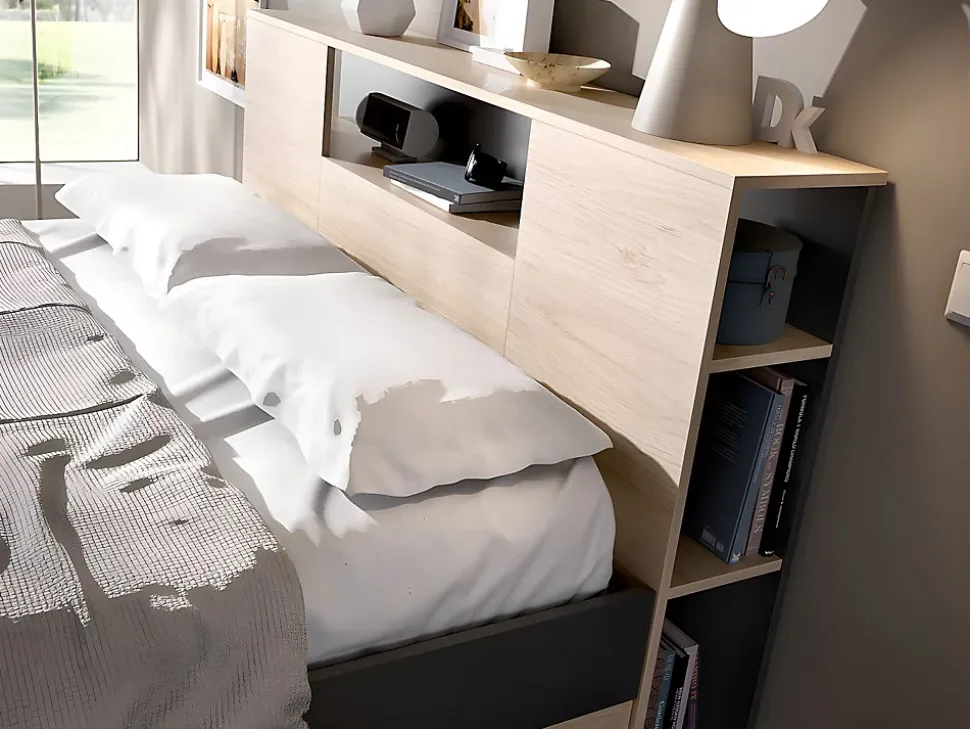 Lit avec tête de lit rangements et tiroirs - 140 x 190 cm - Coloris : Naturel et anthracite + Sommier + Matelas - LEANDRE