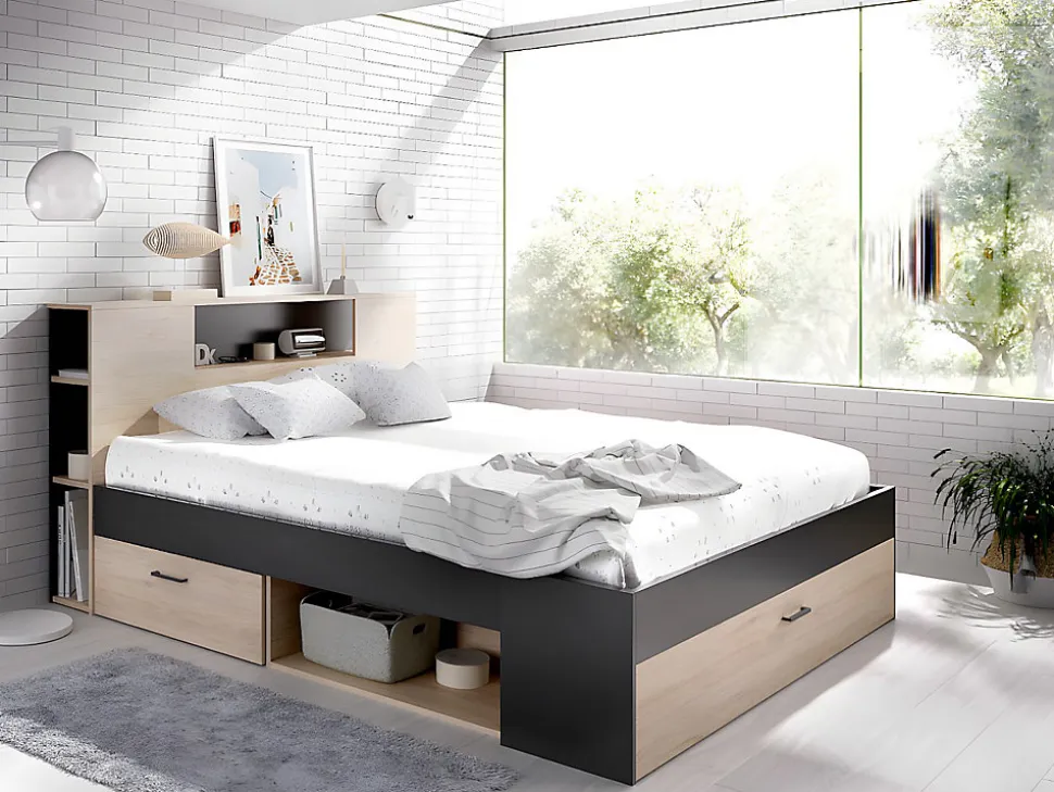 Lit avec tête de lit rangements et tiroirs - 140 x 190 cm - Coloris : Naturel et anthracite + Sommier + Matelas - LEANDRE