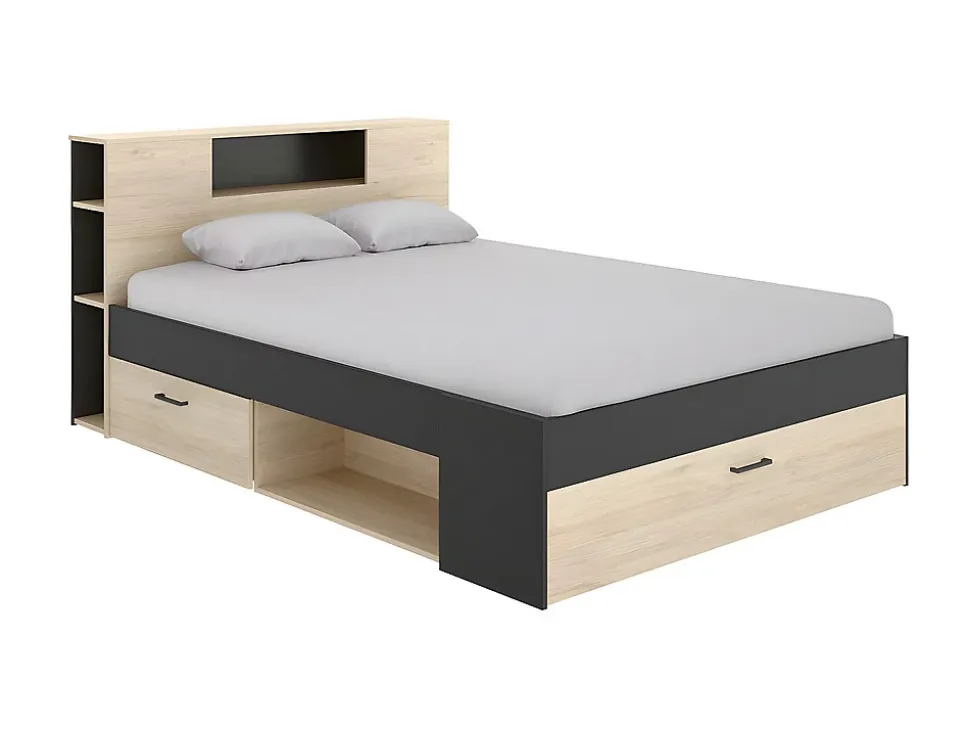 Lit avec tête de lit rangements et tiroirs - 140 x 190 cm - Coloris : Naturel et anthracite + Sommier + Matelas - LEANDRE