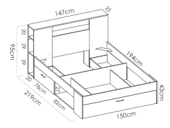 Lit avec tête de lit rangements et tiroirs - 140 x 190 cm - Coloris : Naturel et anthracite + Sommier + Matelas - LEANDRE