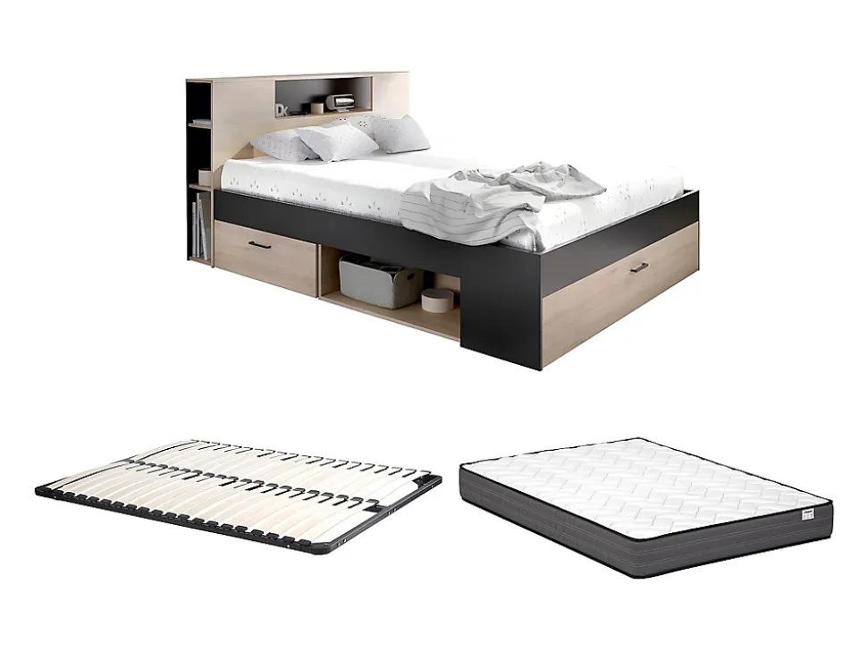Lit avec tête de lit rangements et tiroirs - 140 x 190 cm - Coloris : Naturel et anthracite + Sommier + Matelas - LEANDRE
