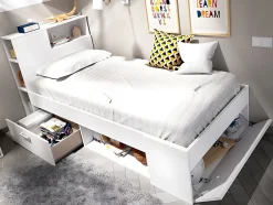 Lit avec tête de lit rangements et tiroir - 90 x 190 cm - Blanc - LEANDRE