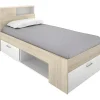 Lit avec tête de lit rangements et tiroir - 90 x 190 cm - Blanc et Naturel - LEANDRE