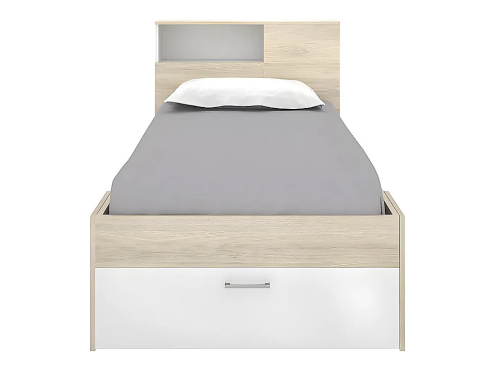 Lit avec tête de lit rangements et tiroir - 90 x 190 cm - Blanc et Naturel - LEANDRE