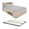 Lit avec tête de lit rangements et tiroirs - 140 x 190 cm - Coloris : Naturel + Sommier - LEANDRE