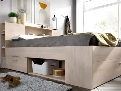 Lit avec tête de lit rangements et tiroirs - 140 x 190 cm - Coloris : Naturel + Sommier - LEANDRE