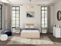 Lit avec tête de lit rangements et tiroirs - 140 x 190 cm - Coloris : Naturel + Sommier - LEANDRE