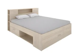 Lit avec tête de lit rangements et tiroirs - 140 x 190 cm - Coloris : Naturel + Sommier - LEANDRE