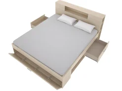 Lit avec tête de lit rangements et tiroirs - 140 x 190 cm - Coloris : Naturel + Sommier - LEANDRE