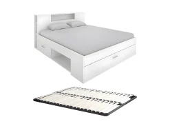 Lit avec tête de lit rangements et tiroirs - 140 x 190 cm - Coloris : Blanc + Sommier - LEANDRE