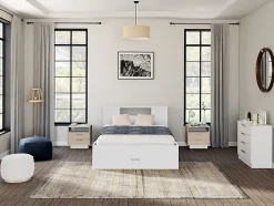 Lit avec tête de lit rangements et tiroirs - 140 x 190 cm - Coloris : Blanc + Sommier - LEANDRE