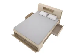Lit avec tête de lit rangements et tiroirs - 160 x 200 cm - Coloris : Naturel - LEANDRE