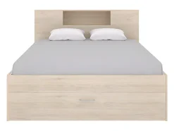 Lit avec tête de lit rangements et tiroirs - 160 x 200 cm - Coloris : Naturel - LEANDRE