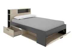 Lit avec tête de lit rangements et tiroirs - 120 x 190cm - Coloris : Naturel et anthracite + Sommier - LEANDRE